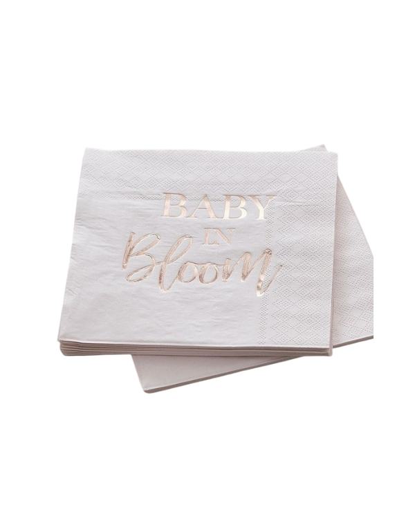 Servietter (16stk): "Baby In Bloom" - Gull & Svart - 16,5cm