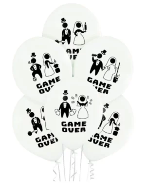 Lateksballonger (6stk): Med trykk - Game over - Hvit og svart - 30cm