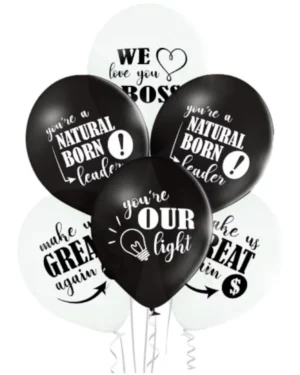 Lateksballonger (6stk): "Best boss ever" - Svart og hvit - 30 cm