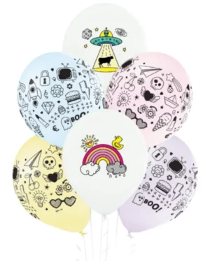 Lateksballonger (6stk): Tegninger - Fargerik - 30 cm