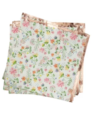 Servietter  (16stk): Blomstertrykk servietter med gyllen kant - Hvit - 17cm H x 18cm B