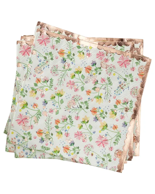 Servietter  (16stk): Blomstertrykk servietter med gyllen kant - Hvit - 17cm H x 18cm B