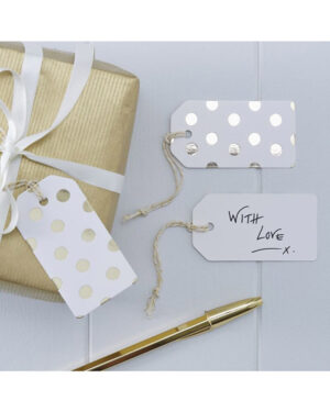 Navneskilt / Navnelapp (10stk): Gullprikker - 7,5cm