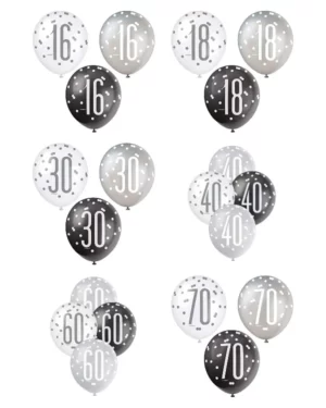 Lateksballonger (6stk): Sort og Sølv - Flere Tall - 30cm