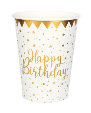 Kopper (10stk): "Happy Birthday" & Gullstjerner - Hvit - 7,8 x 9,7cm