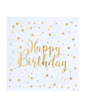 Servietter (20stk): "Happy Birthday" & Gullstjerner - Hvit - 12,5cm