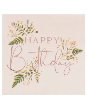 Servietter  (16stk): Blomstertrykk servietter med gyllen skrift - Fargerik - 16,5cm