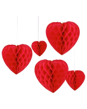 Honeycombs / Hengede dekorasjoner (5stk): Hengende hjerter - Rød
