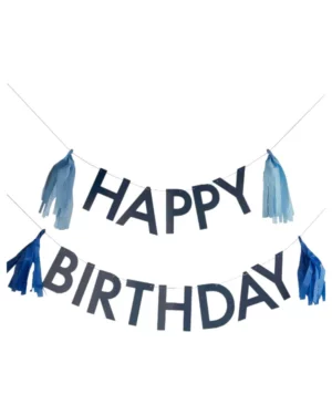 Banner / Girlander: "Happy birthday" i med tassel - blå - 1,5m