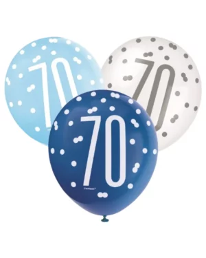 Lateksballonger (5stk): "70" - med prikker - Blå & Hvite - 30cm