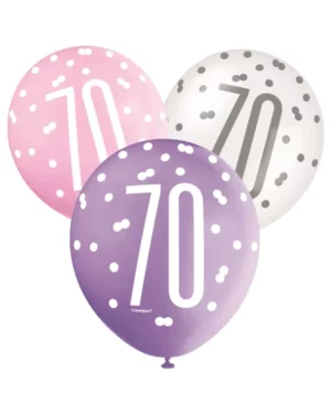 Lateksballonger (5stk): "70" - med prikker - Rosa & Hvite - 30cm