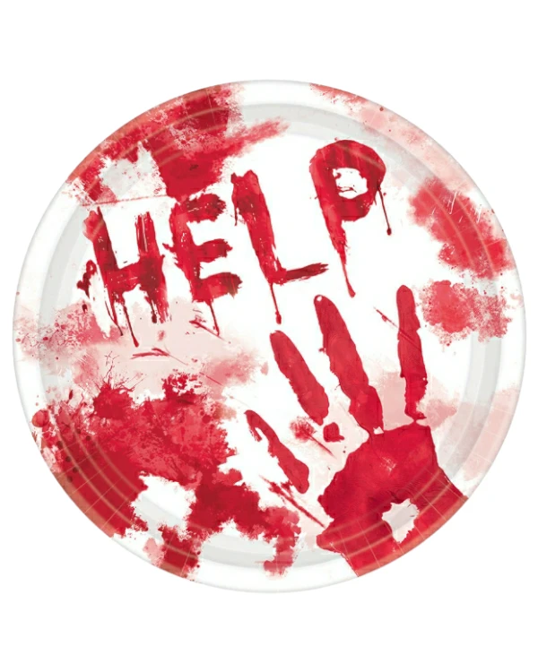 Tallerkener (8stk): "Help" - Blodige hender - Hvit & Rød - 23cm
