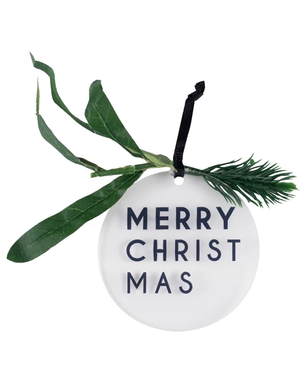 Hengende dekor (4stk): "Merry Christmas" - Rund - Gjennomsiktig & Svart - 8cm
