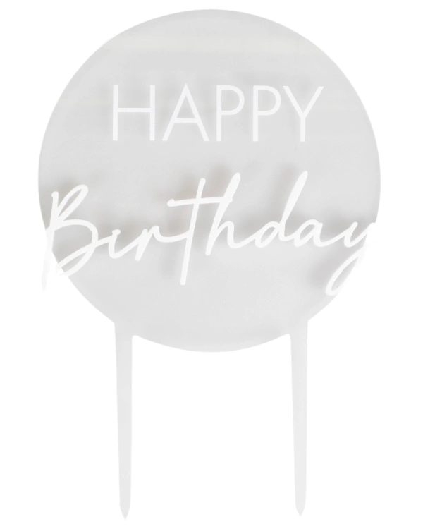 Kaketopp: "Happy Birthday" - Rund - Hvit & Gjennomsiktig - 18 x 12cm