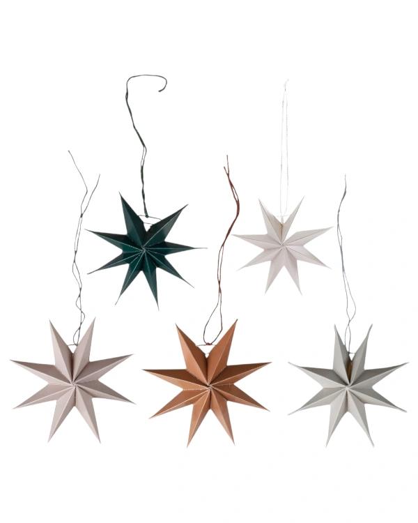 Hengende dekor (5stk): Stjerner - Rød, Grønn, Rosa, Hvit & Blå - 9cm