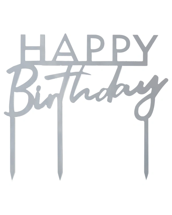 Kaketopp: "Happy Birthday" - Sølv - 12cm