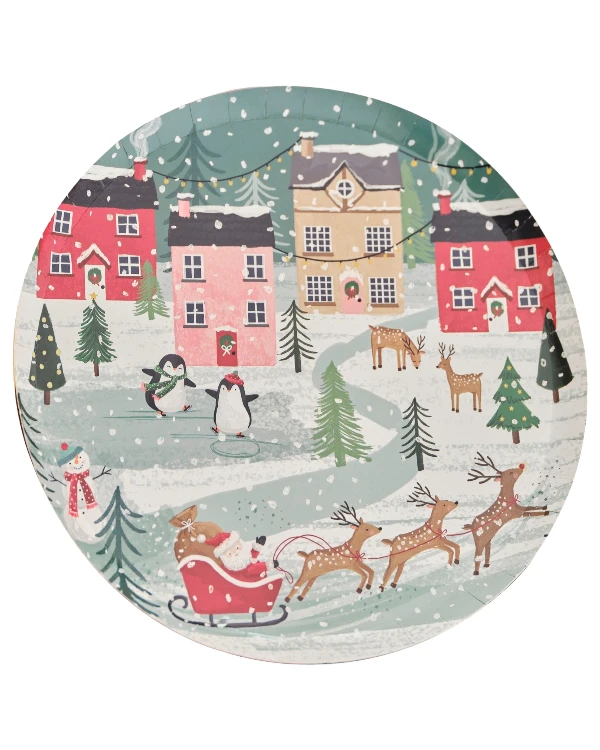 Tallerkener (8stk): Jul - Julenissen med sleden - Grønn, Hvit & Rød - 25cm