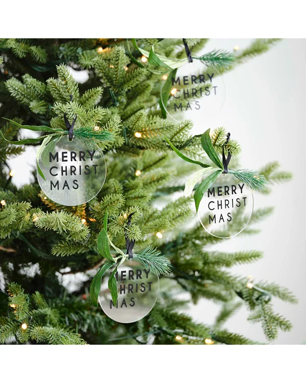 Hengende dekor (4stk): "Merry Christmas" - Rund - Gjennomsiktig & Svart - 8cm - Bilde 2