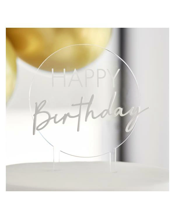 Kaketopp: "Happy Birthday" - Rund - Hvit & Gjennomsiktig - 18 x 12cm - Bilde 2