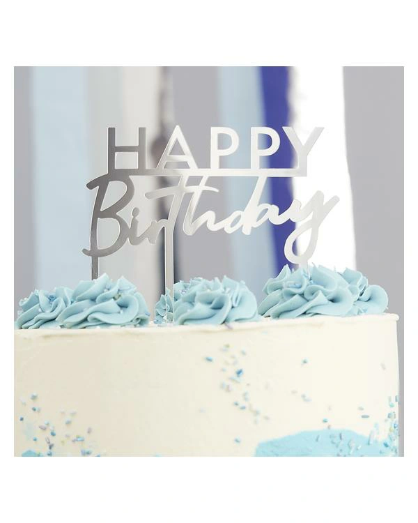Kaketopp: "Happy Birthday" - Sølv - 12cm - Bilde 2