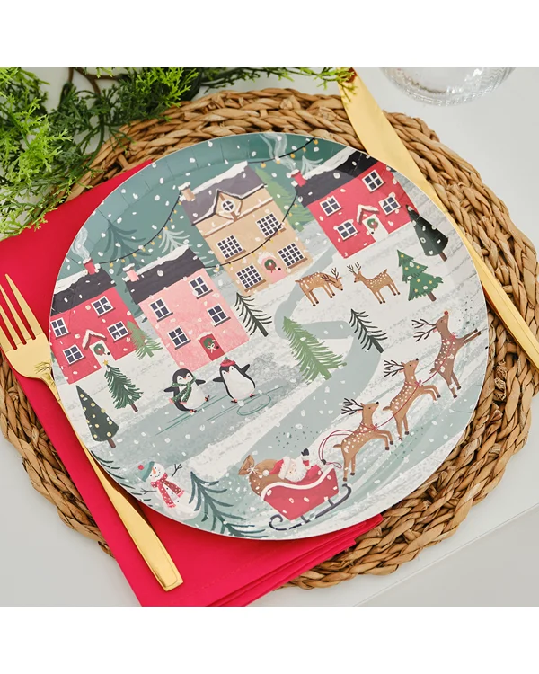 Tallerkener (8stk): Jul - Julenissen med sleden - Grønn, Hvit & Rød - 25cm - Bilde 2