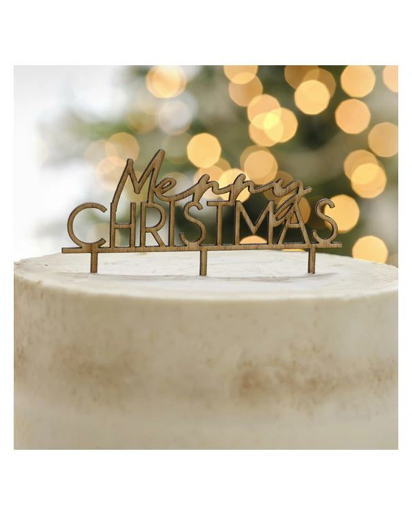 Kaketopp: "Merry Christmas" - Trefarget - Brun - 14cm - Bilde 2