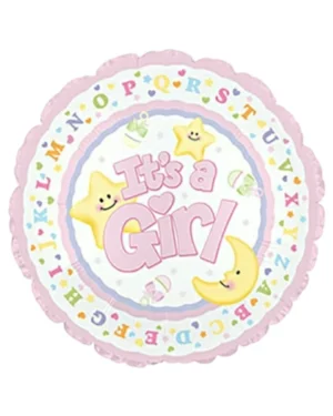 Folieballong: "It’s a girl" med stjerner, skranlger og bokstaver - Rosa, hvit, Gul, grønn, blå, lilla - 45cm