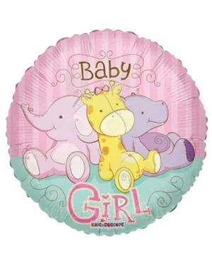 Folieballong: "Baby girl" med sjiraff, elefant og flodhest bamser - Rosa, Gul, Turkis - 45cm