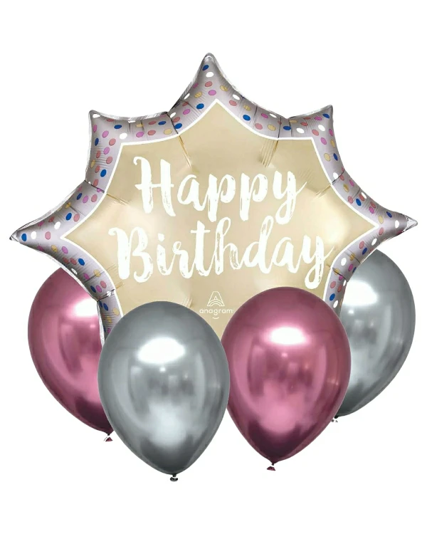 Ballongbukett: ''Happy birthday'', sølv og rosa