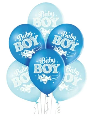 Lateksballonger (6stk): ''baby boy'' med fly - Blå - 30cm