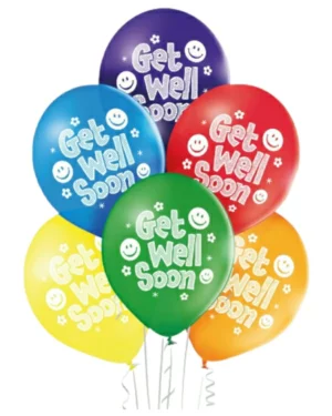 Lateksballonger (6stk): "get well soon" med smilefjes - 30cm