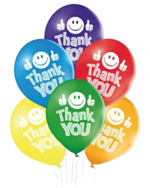 Lateksballonger (6stk): "thank you" med smilefjes - 30cm