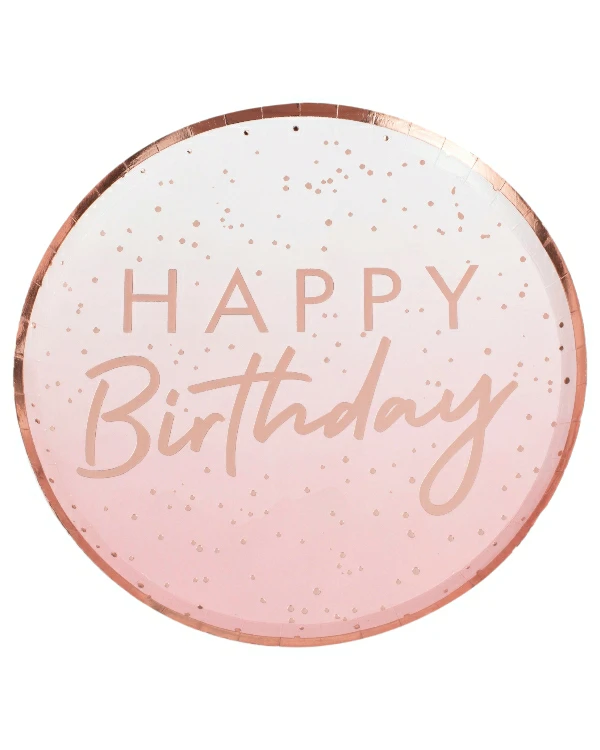 Tallerkener  (8stk): "Happy birthday" med Prikker - Rosegull - 24cm