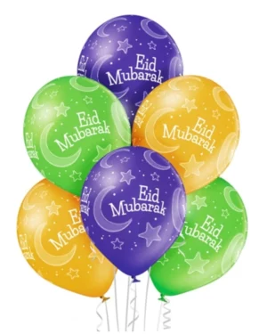 Lateksballonger (6stk): "Eid Mubarak" - Fargerik - 30cm