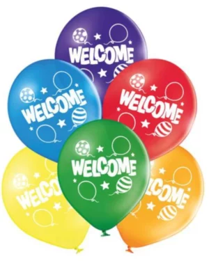 Lateksballonger (6stk): "Welcome" - Fargerik - 27cm