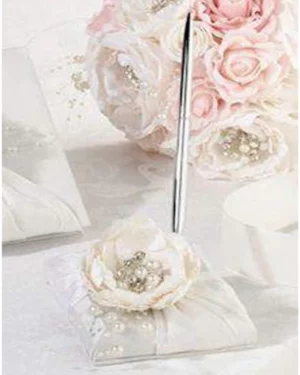 Pennsett: Papirblomst med perler - Hvit - 19cm