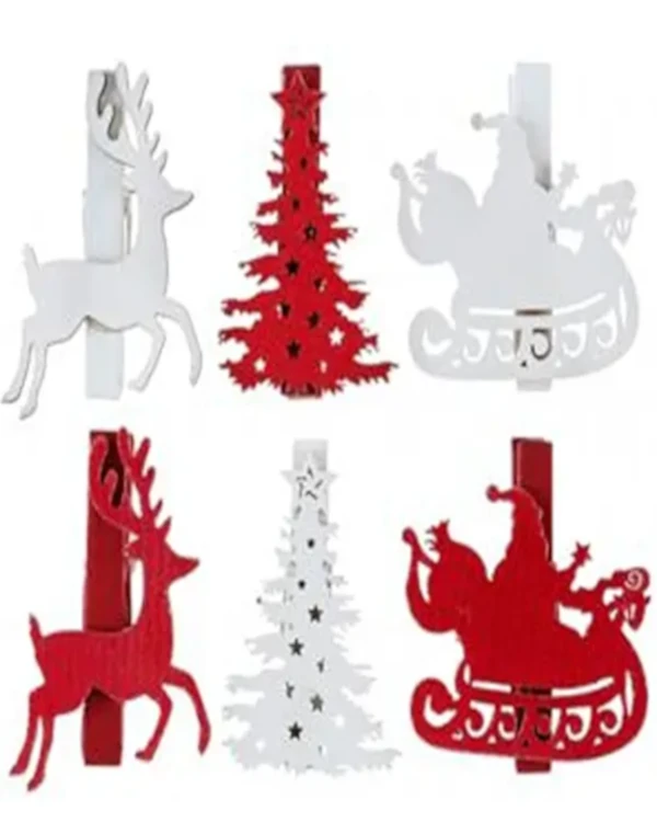 Hengende dekor (6 stk): Klips med julemotiv - Hvit og rød - 4,5 x 5cm