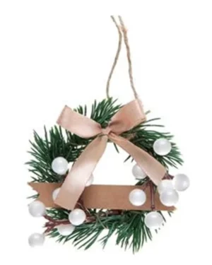 Hengende dekor (6 stk): Minikrans med bær - grønn og hvit - 5cm