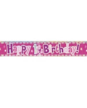 Banner:  "Happy 1st birthday" - Glitrende effekt - Rosa - 3m