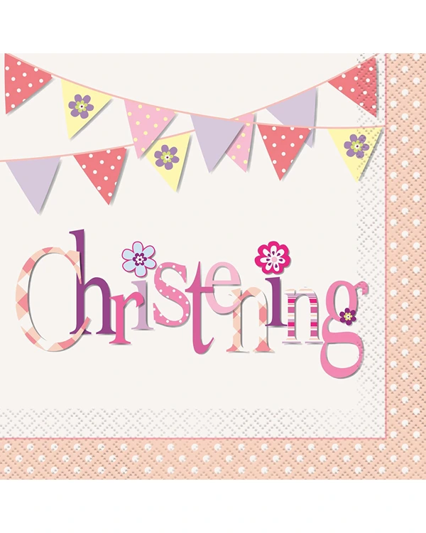 Servietter (16stk): "Christening" - Rosa - 33cm x 33cm