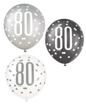 Lateksballonger (6stk): "80" - Sølv - 30cm