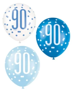 Lateksballonger (6stk): "90" -  Blå & sølv -  30cm