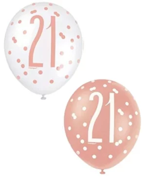 Lateksballonger (6stk): "21" - Rosegull & Hvit - 30cm
