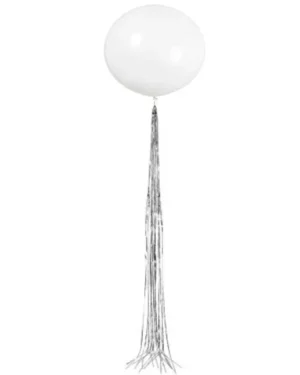 Lateksballong: Hvit med sølv Tassels - 61cm