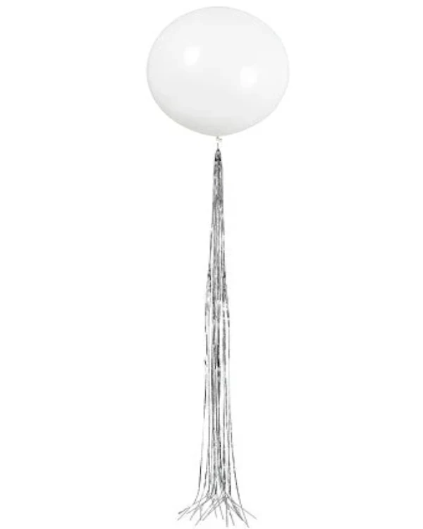 Lateksballong: Hvit med sølv Tassels - 61cm